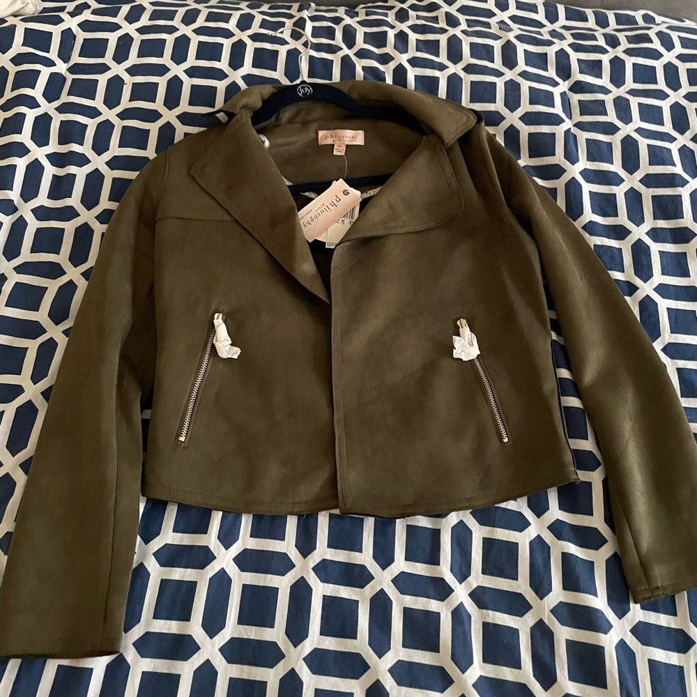 Philosophy army green suede zip-up jacket